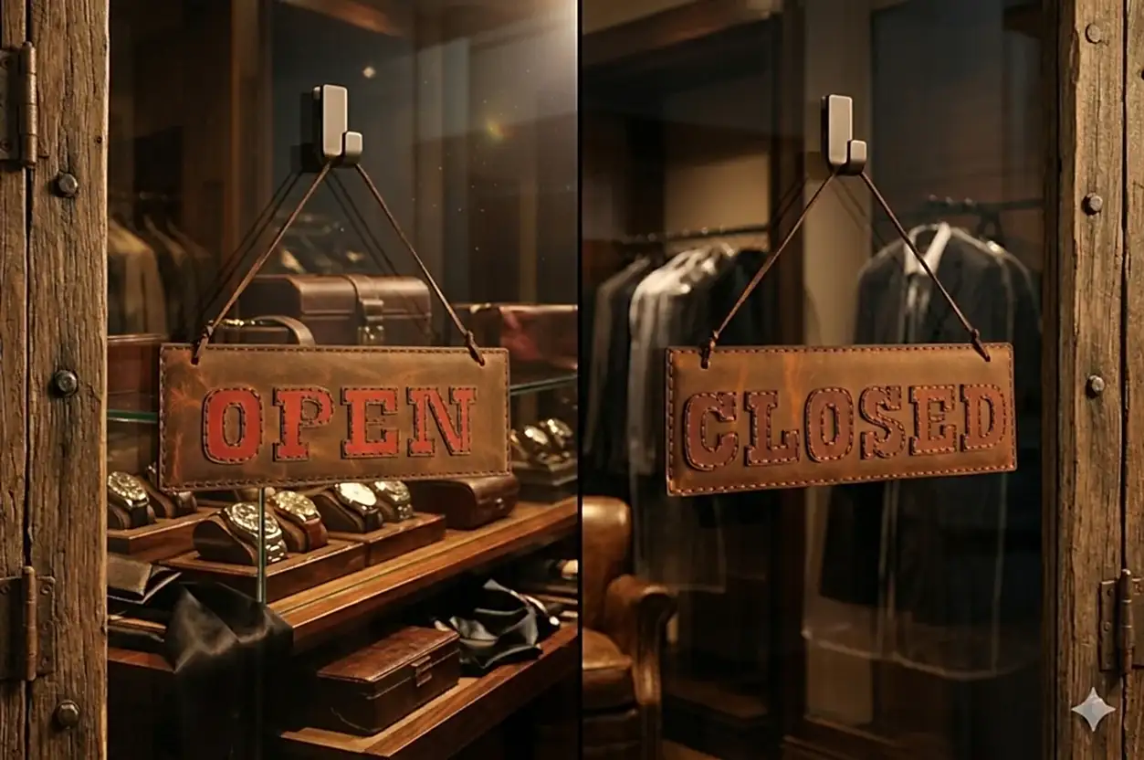 hakiki deri el yapimi döner mağaza tabelası - open -closed