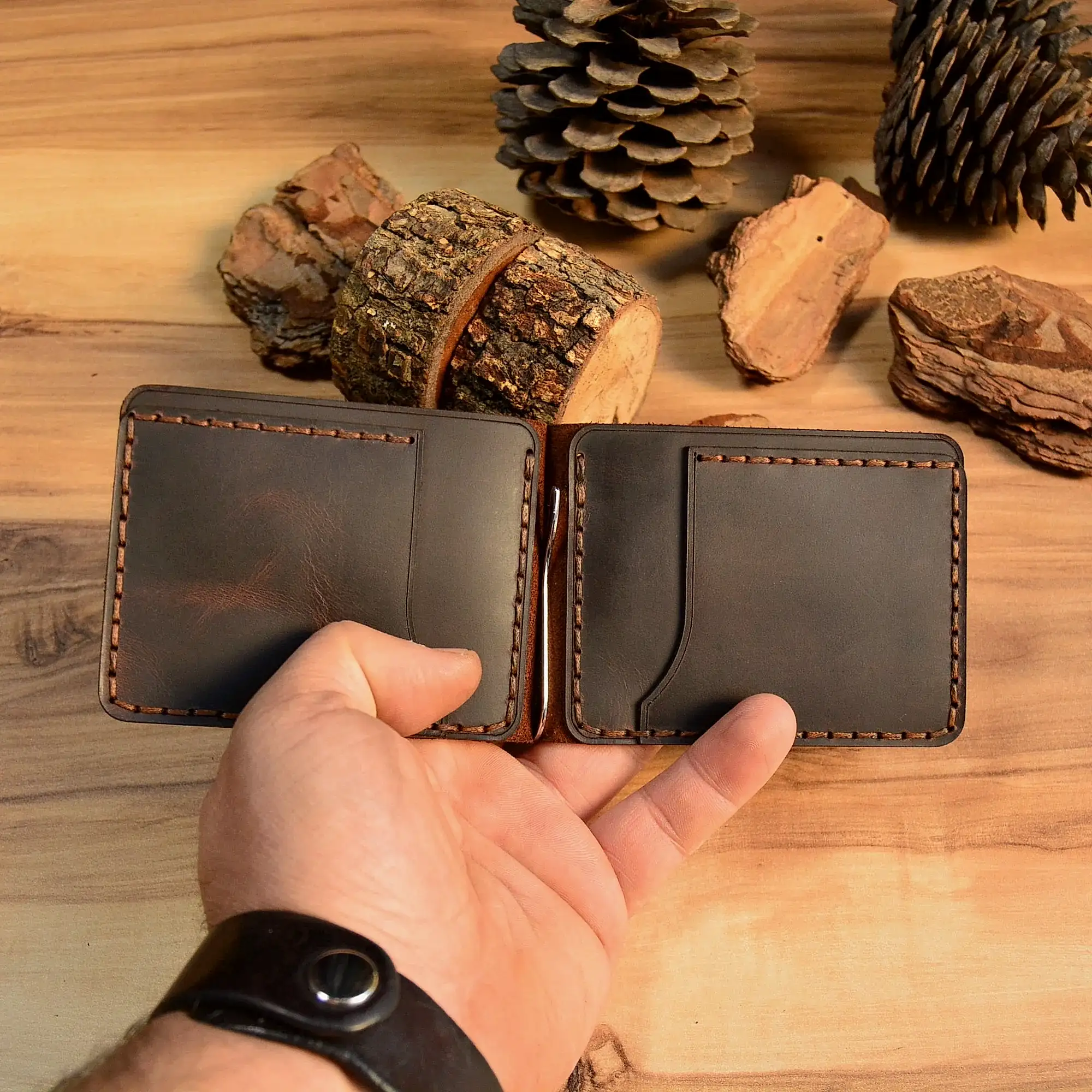 hakiki deri el yapimi rodos klipsli bifold deri cüzdan