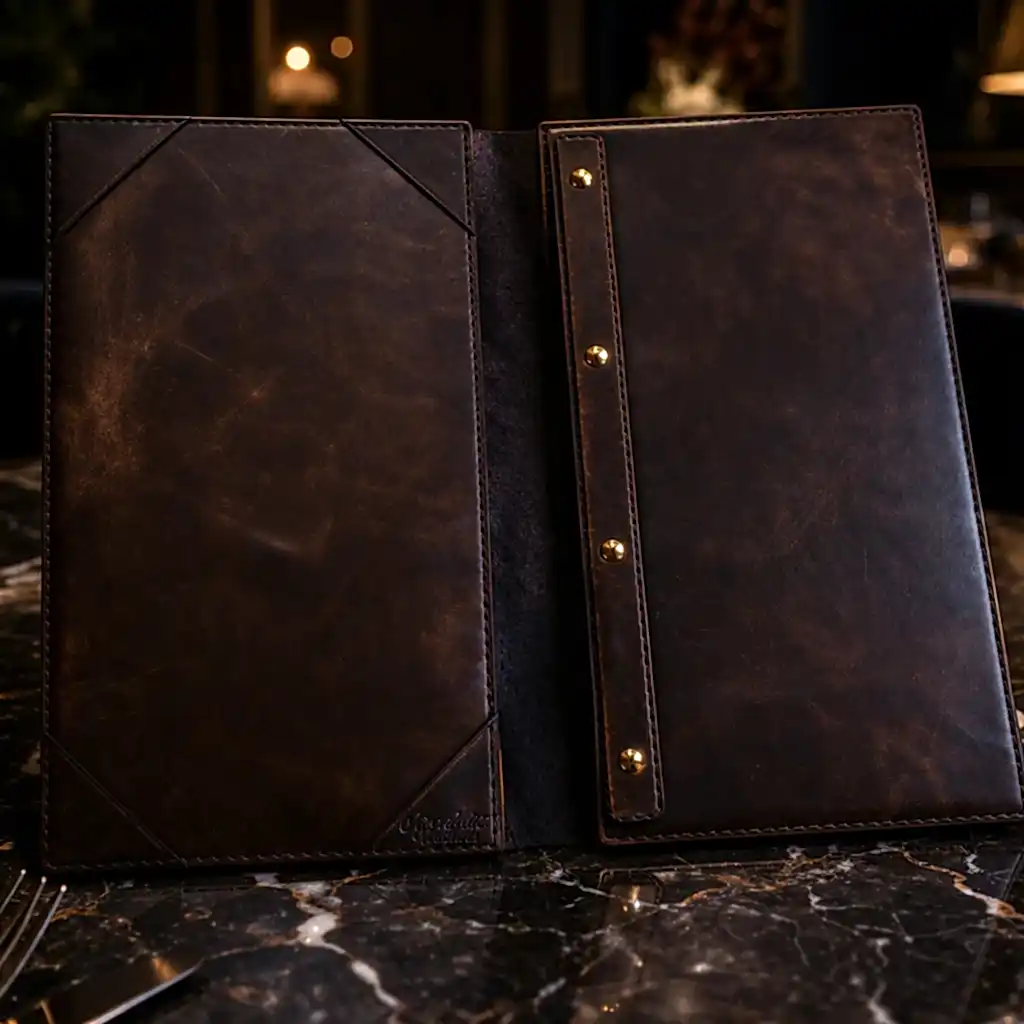 Şarap Menü Kabı Deri El Yapımı Hakiki Deri Uzun Form