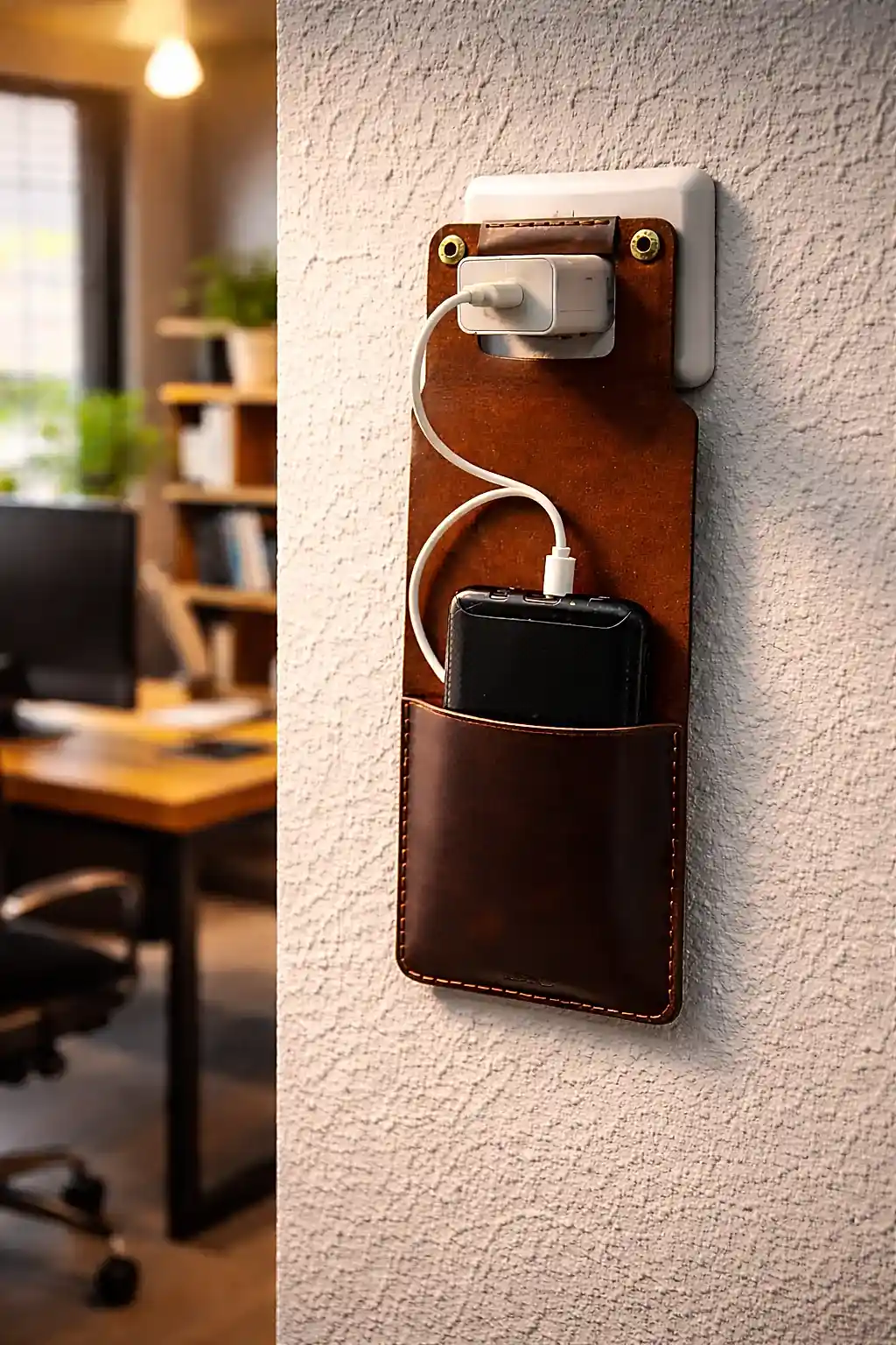 hakiki deri el yapimi şarj aleti deri kılıfı ve duvar askısı