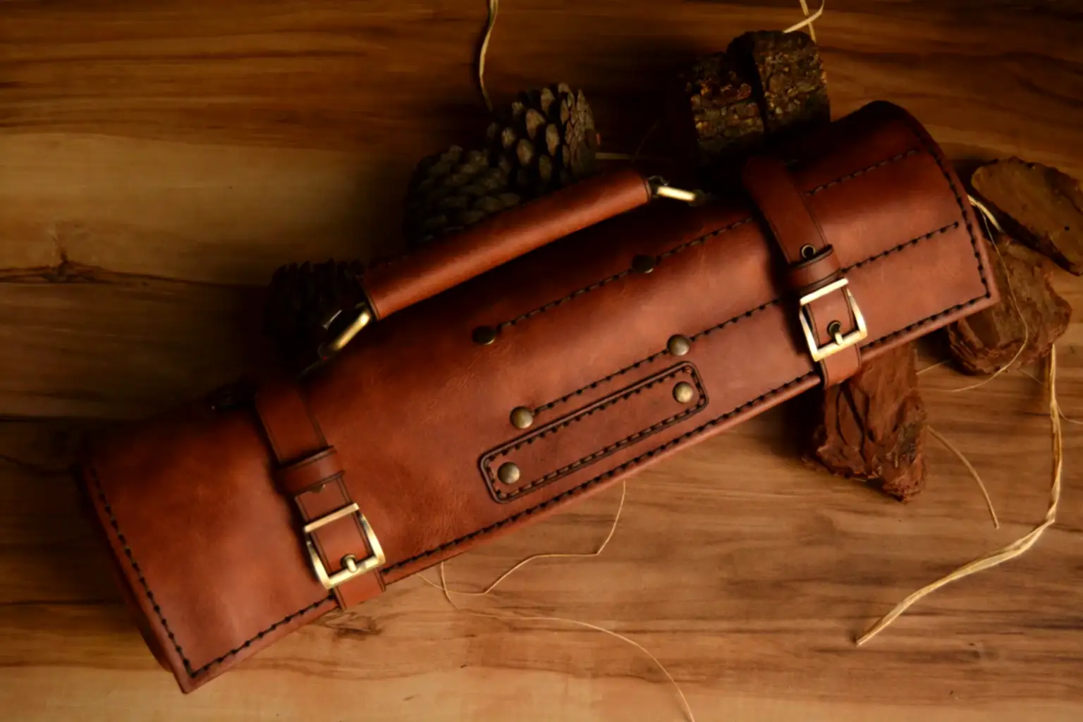 Şef Bıçak Çantası Deri Rulo El Yapımı Hakiki Deri 7 Bölmeli