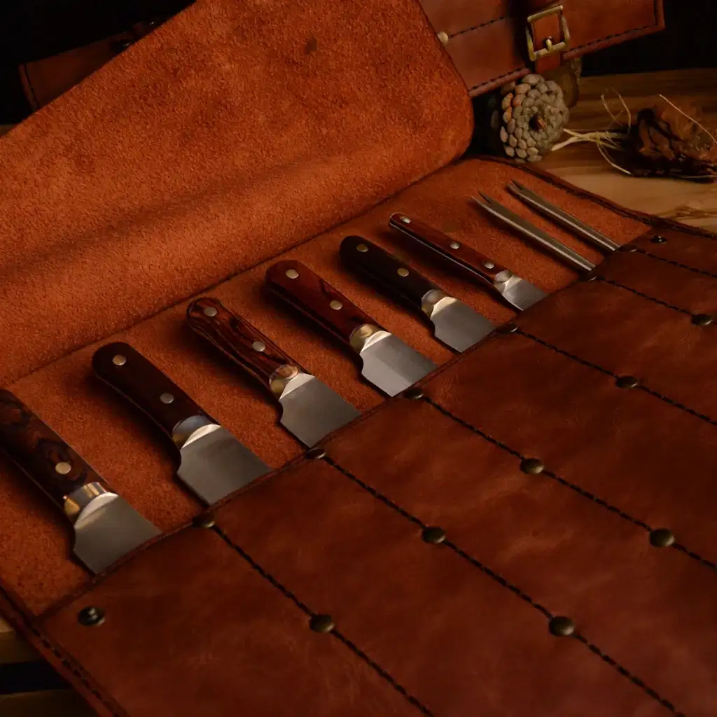 Şef Bıçak Çantası Deri Rulo El Yapımı Hakiki Deri 7 Bölmeli
