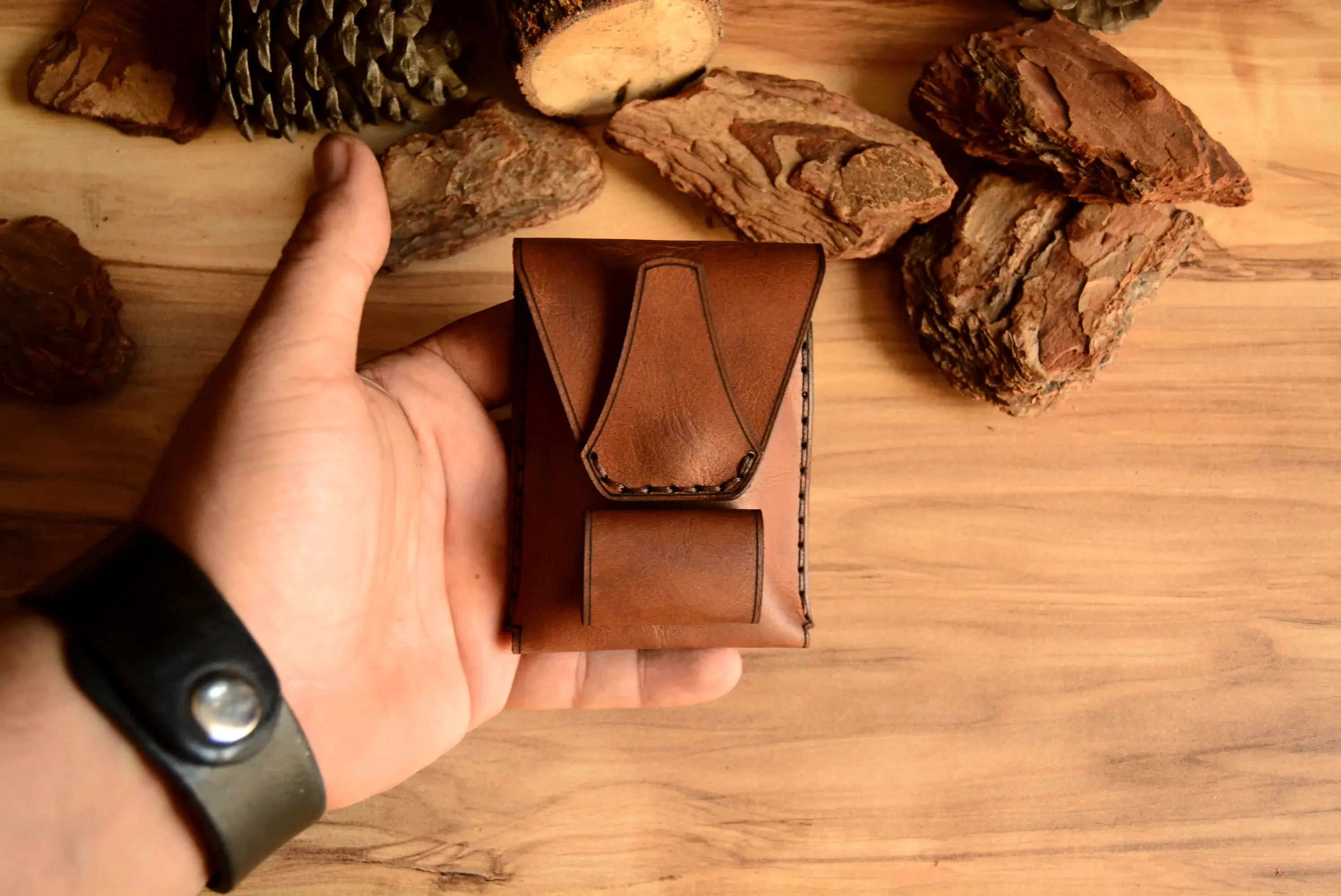 Slim Sigara Paketi Kılıfı Hakiki Deri El Dikişi Çakmak Bölmeli