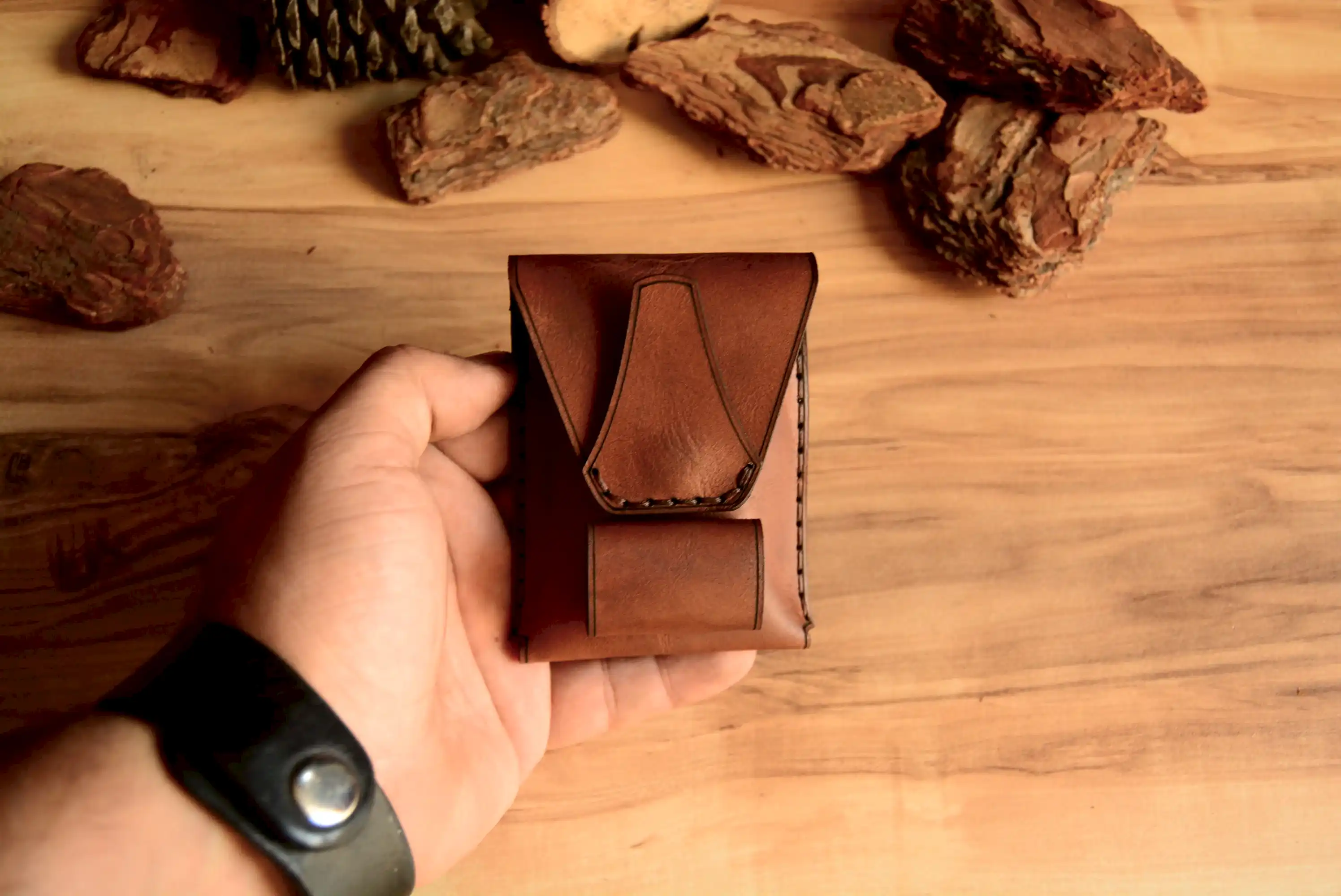 Slim Sigara Paketi Kılıfı Hakiki Deri El Dikişi Çakmak Bölmeli