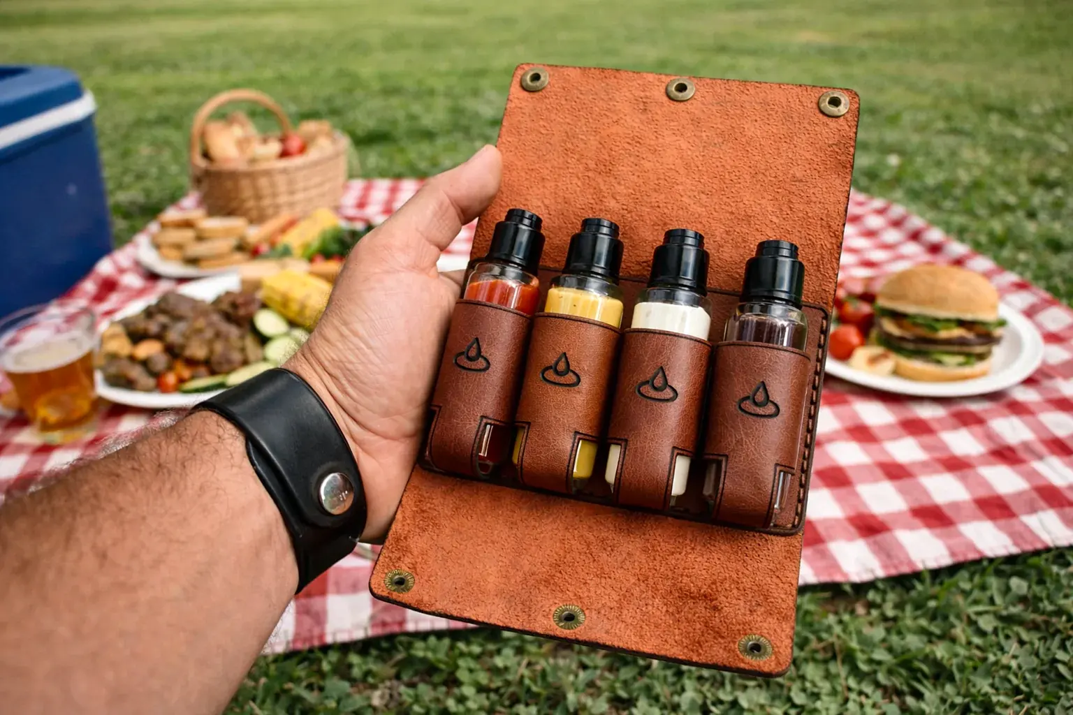 hakiki deri el yapimi sosluk seti – 4 şişeli deri kamp & piknik sosluk (zeytinyağı, sirke ve sos taşıyıcı)