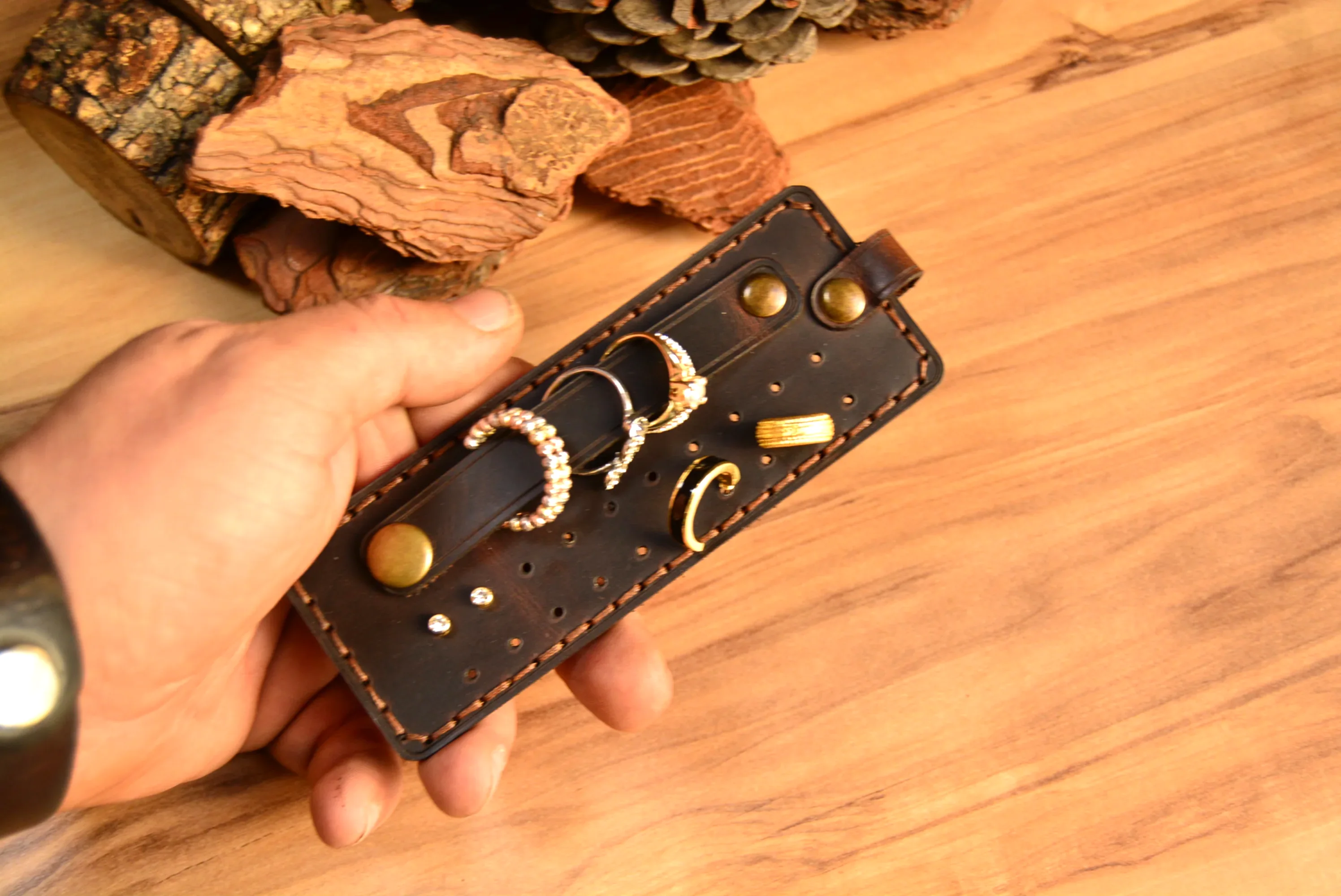 Hakiki Deri Takı Mini Organizer El Yapımı Kompakt