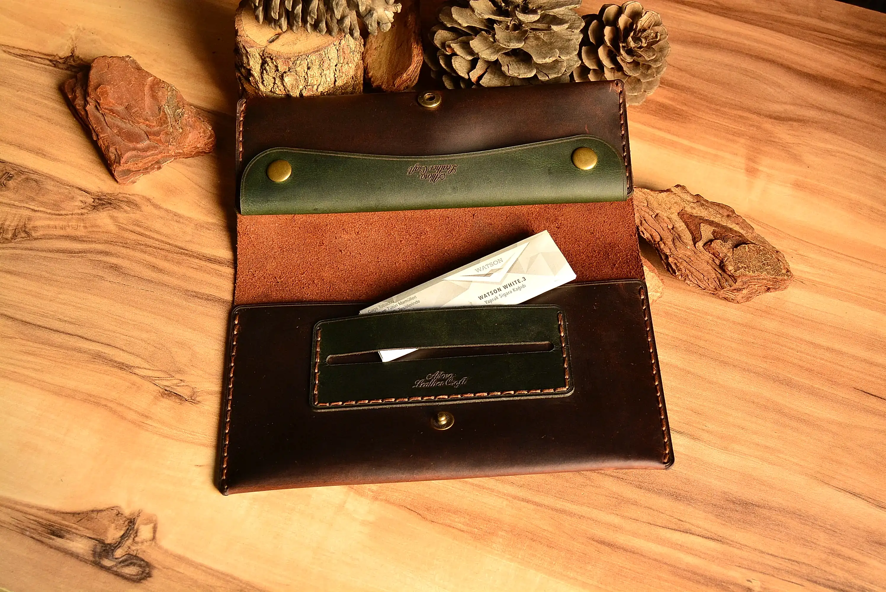 Deri Tütün Kesesi Hakiki Deri El Dikişi Çift Bölmeli