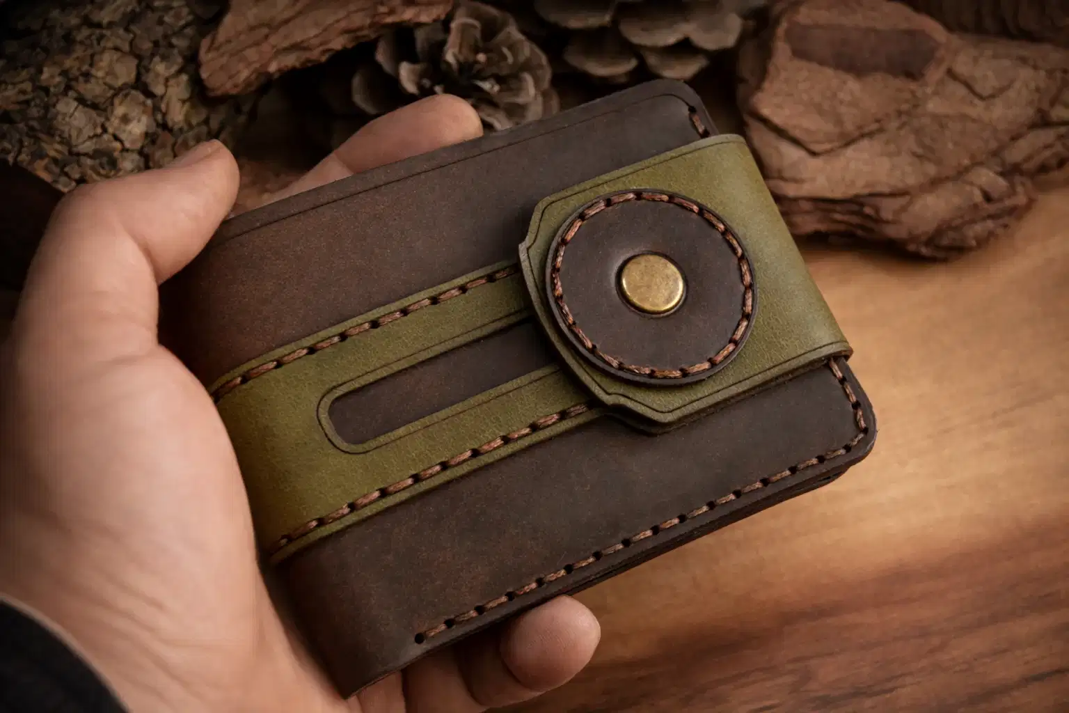 hakiki deri el yapimi western bifold v-1 cüzdan