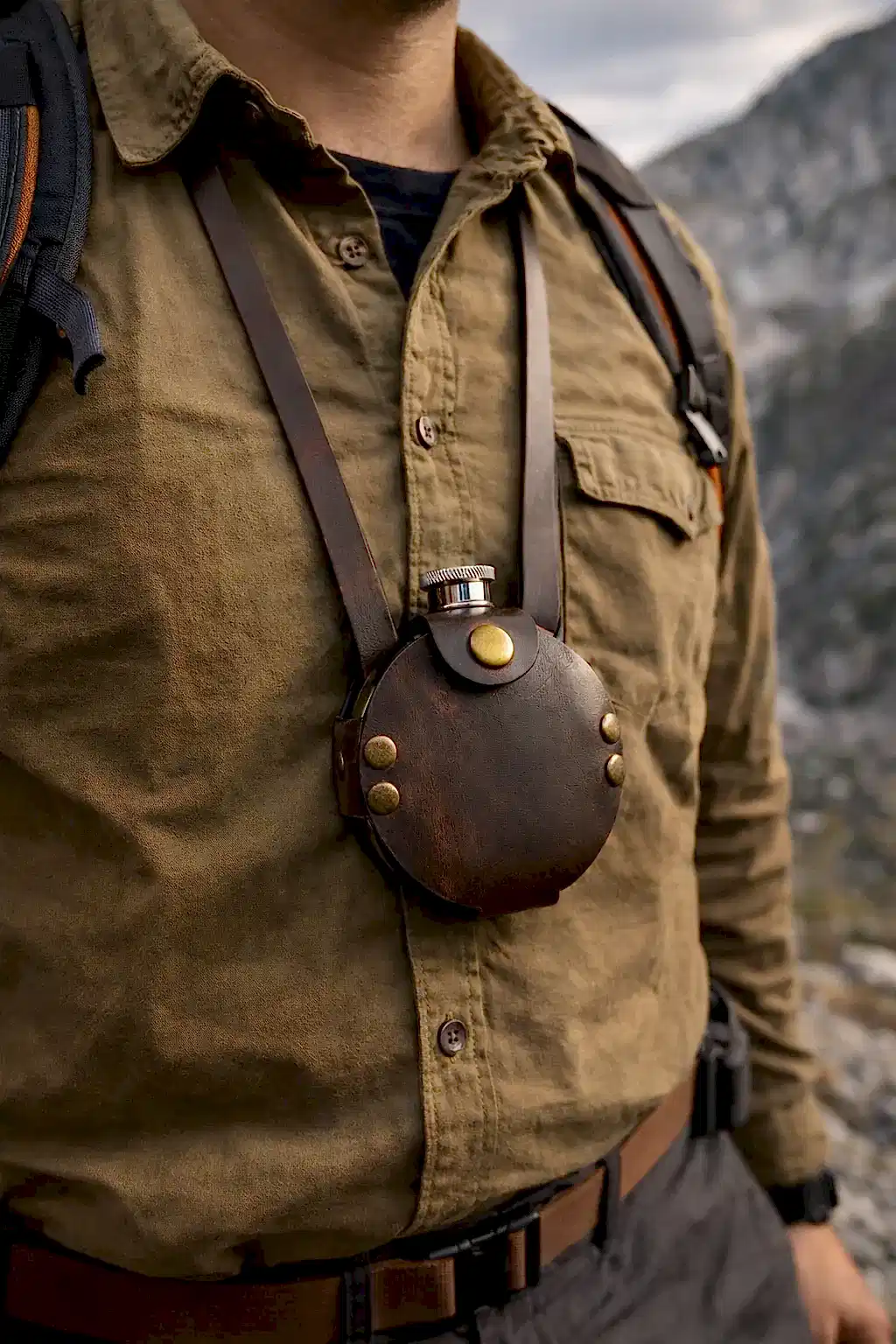 hakiki deri el yapimi yuvarlak çelik matara 5 oz deri askılı